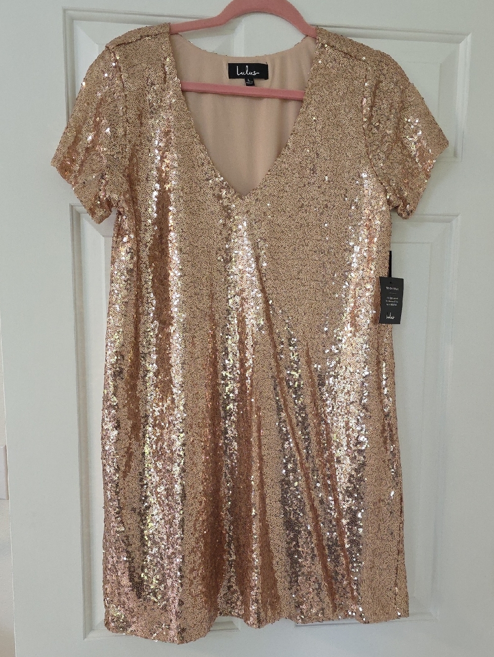 Lulu's Rose Gold Sequin V-Neck Short Sleeve Dress